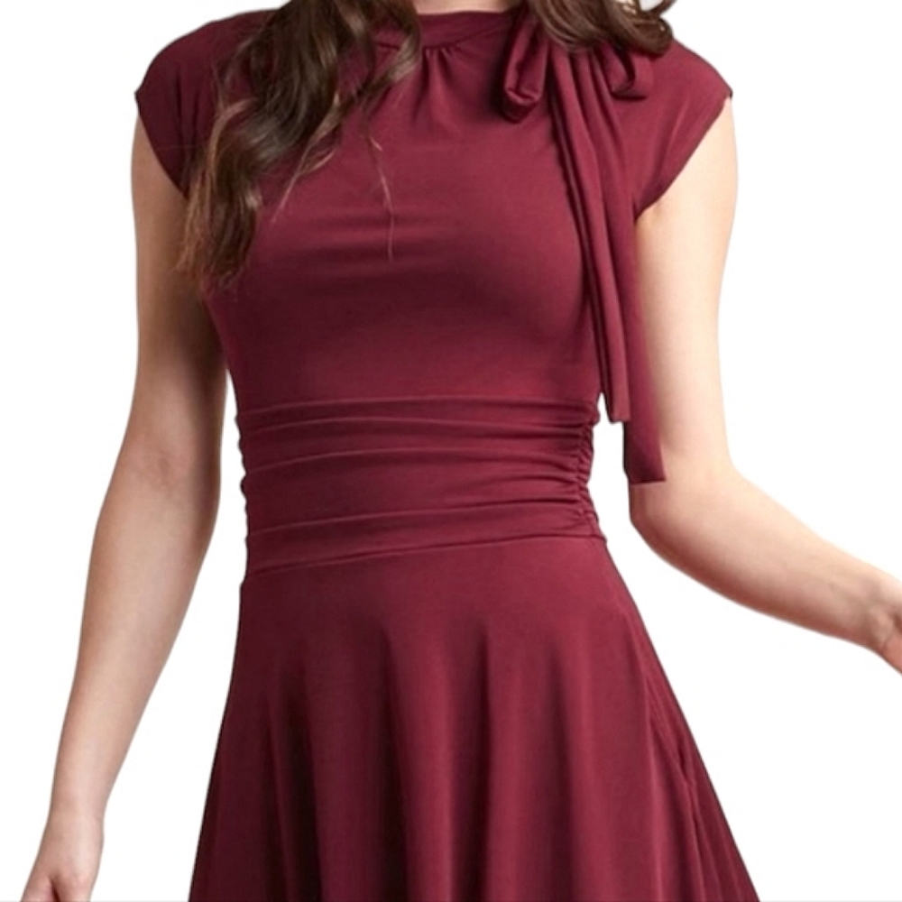 ModCloth Burgundy Retro Tie-Neck Jersey Dress - Picture 3 of 8